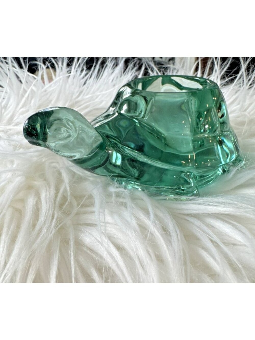 Green Glass Turtle Figurine Tea Light Candle Holder 4" Decorative Accent